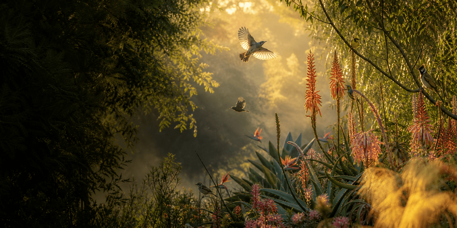 Birds flying through a sunlit South African garden